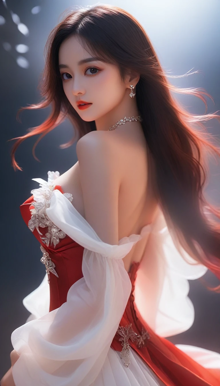 una mujer con un vestido blanco posando para una foto, hermosa y seductora mujer anime, hermosa mujer anime, hermosa chica anime, Chica anime con pelo largo., chica anime atractiva, chica anime seductora, hermoso retrato animado, Arte detallado de alta calidad 8k, vestido rojo, guweiz, arte cg anime suave, pelo rojo hasta la cintura, rojo brillante