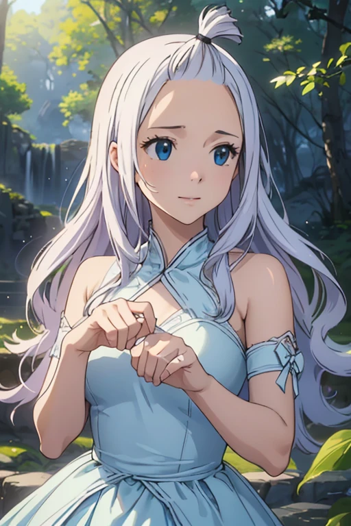 (best quality,4k,8k,highres,masterpiece:1.2),ultra-detailed,(realistic,photorealistic,photo-realistic:1.37),portraits,Mirajane Strauss,beautiful detailed smile,light blue dress,detailed eyes,fair skin,long wavy hair,serene expression,sparkling eyes,natural lighting,soft background colors,feminine charm,daintily posed,charming and gentle disposition,graceful movements,delicate features,natural beauty,vivid colors,subtle shades of blue,ethereal atmosphere,crisp focus,subtle shadows,masterful brushwork,charismatic aura