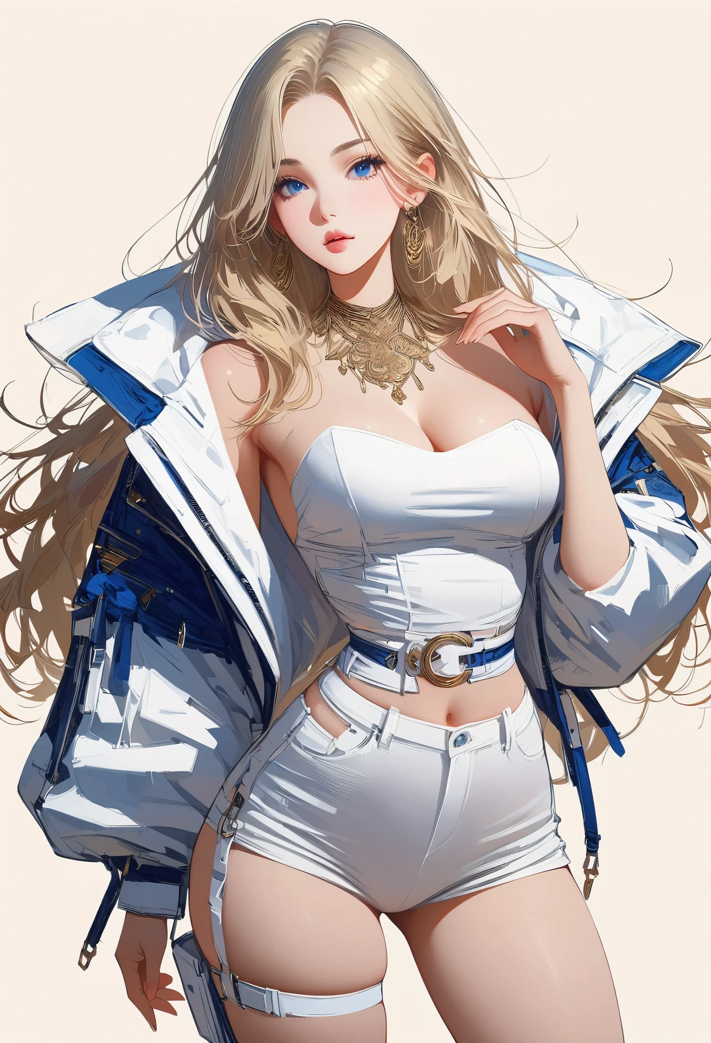 ((masterpiece,best quality,8K,High resolution)),((character concept art)), 1 female, noble, Old money atmosphere, supermodel, fashion model, 35 years old, (long blonde hair), blonde hair, (fair complexion), Super fine eyes (blue eye color), extraordinary gorgeous, grace, charming, clever, calm, Perfect body ((slim and curvaceous)), ((intricate details)), Ultra-delicate hand details, super thin fingers(((Ten fingers))), Wearing a white blazer、White shirt and white pants (stand still), (full body display), ((show the whole body)), (No logos on background), (No logo), ((solid color background)), ((solid color background)), (((empty background)))