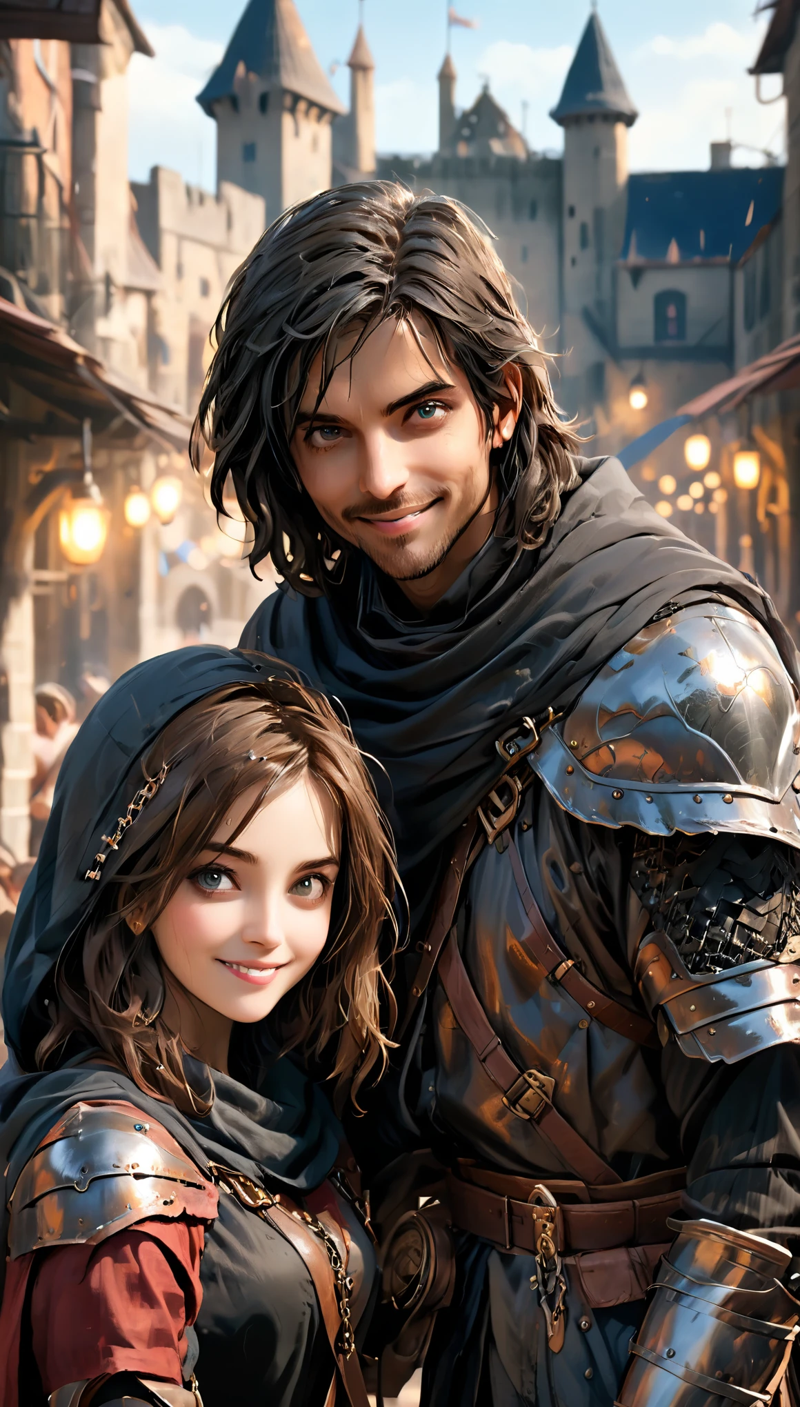 (((medium shot))), couple, (a man and a woman), Two people, outside the castle, jousting, playful, playful, Sweet, happy, Smile, armor, chain mail, armor, happy, beautiful eyes, playful, Surrealism, View, , movie lighting, 8K, ultra high definition, masterpiece, precise, anatomically correct, textured skin, high detail, high quality, High resolution, Award-winning, best quality, 16K, Poor health, bad hand, Bad legs.