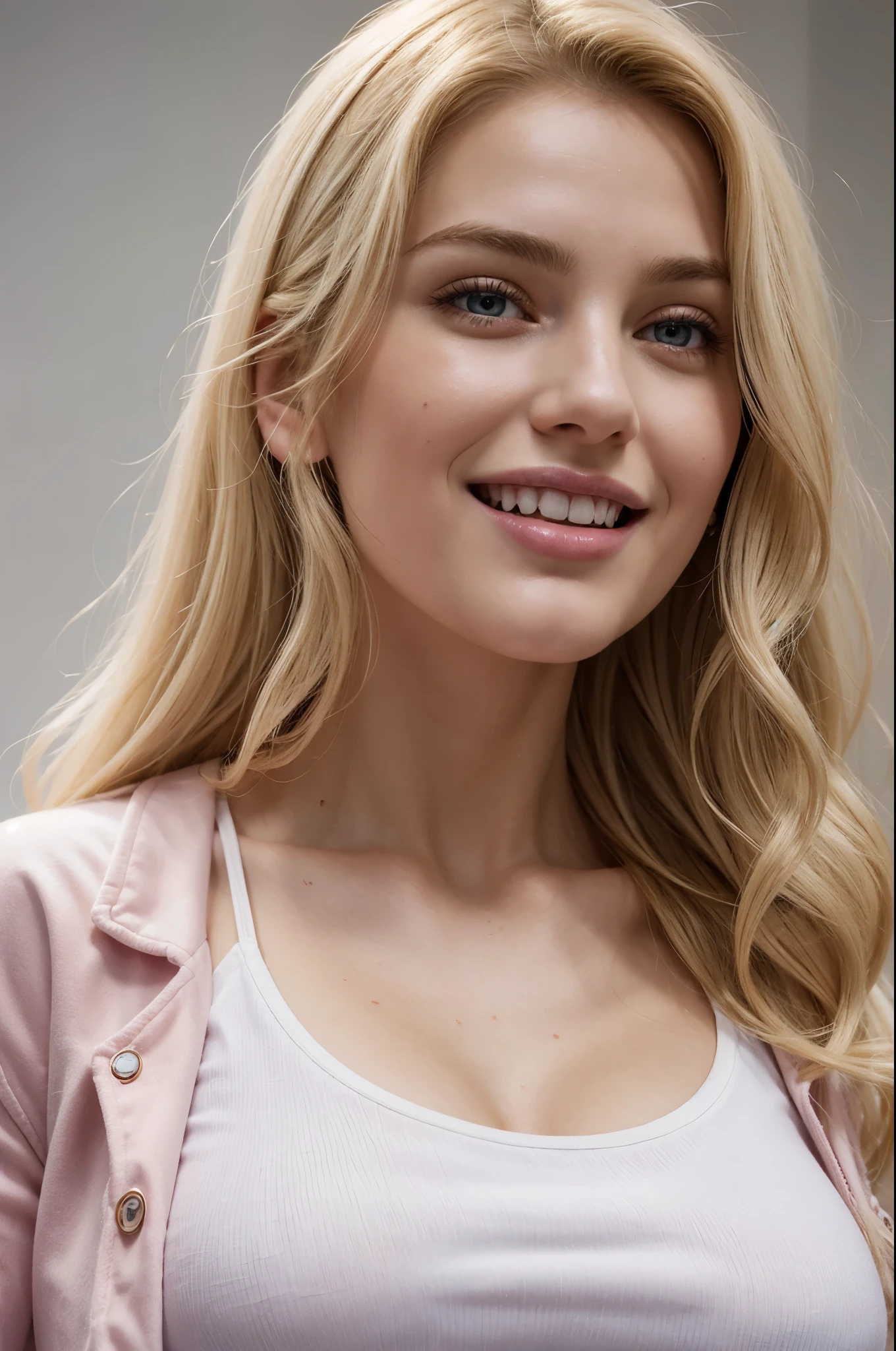 A close up of a woman with long blonde hair and a pink jacket - SeaArt AI