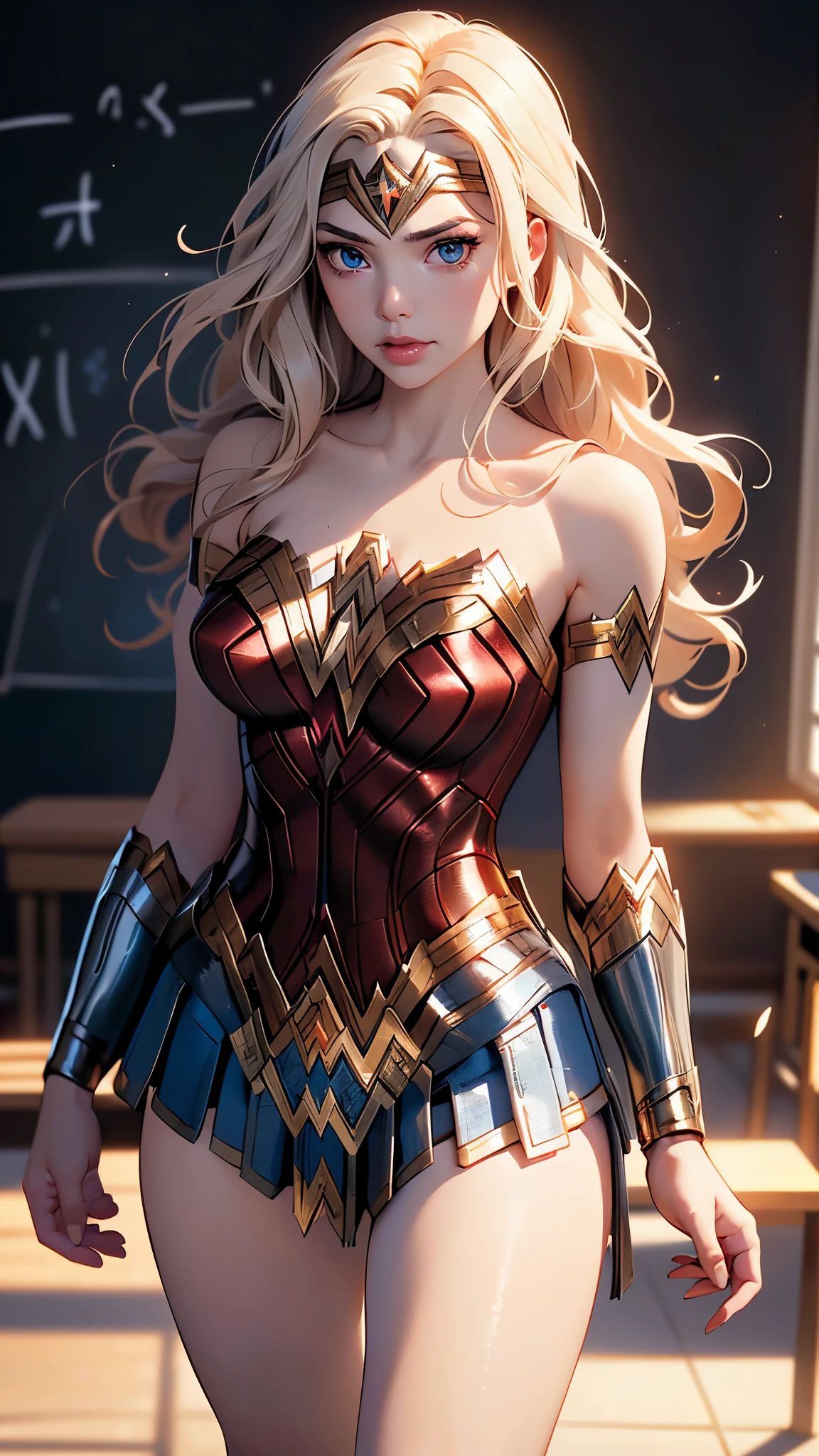 score_9, score_8_up, score_7_up, score_6_up,
rating_explicit, 
1girl, ((18YO:1.2)), Adult, full lips,  big clear eyes, light blue eyes, ((blond hair:1)), (long wavy hair: 1.2),  
(female teacher wonder woman :1.4) , (in a classroom:1.4) , slightly tanned skin, (miniskirt rojo:1.4), (wonder woman:1.4) 
two breast out, open shirt, showing breasts, lying on desk, (squeezing tits:1.4) , grabbing dildo. amused, light smile, eyes looking up, white shirt, black jacket, black pencil skirt, top view, showing pussy dripping, (colores brillantes), ,( ciberpunk 2.1), (background numbers mathematics blackboard :1.4), (math numbers flying through the air :1.4),( hojas de papel en el aire :1.4), (wall newspaper :1.4) 