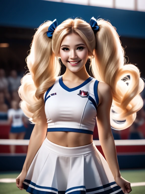 cinematic film still woman, realistic, solo, ((mega twintails)), very long hair, blonde, cheerleader, dress, big smile, ((big hair)), action shot, full body, cheering . shallow depth of field, vignette, highly detailed, high budget, bokeh, cinemascope, moody, epic, gorgeous, film grain, grainy