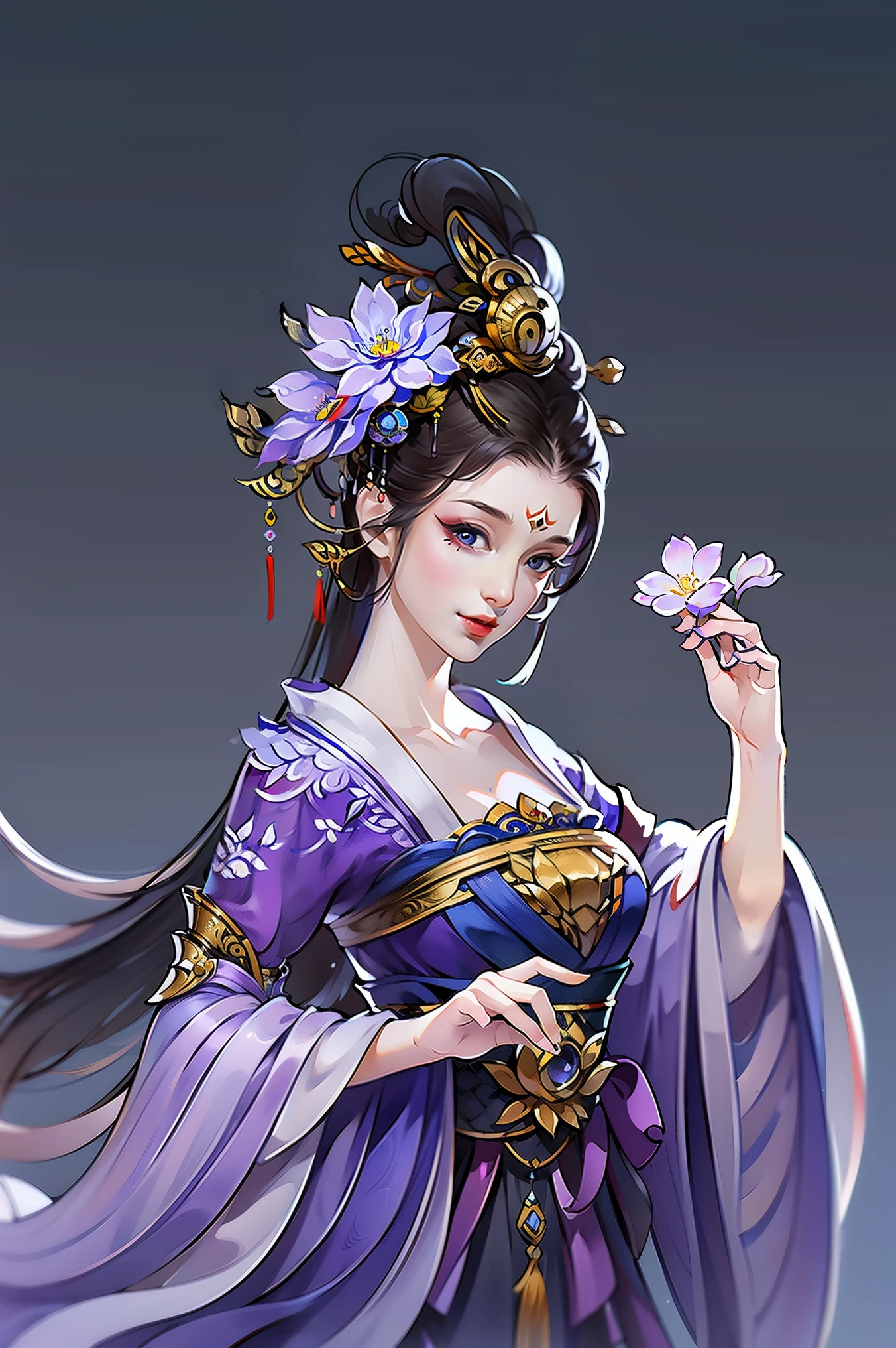 （masterpiece，super detailed，HD details，highly detailed art）1 girl，Half body，xianxia，monochrome，purple dress，Wisteria flowers，elegant，Highly detailed character designs from East Asia，Game character costume design，simple，ultra high resolution, sharp focus, epic work, masterpiece, (Very detailed CG unified 8k wallpaper)，pretty face，beautiful eyes，HD details