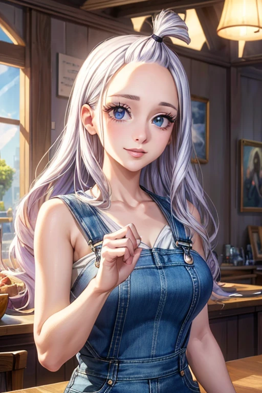 Mirajane Strauss,beautiful detailed eyes,beautiful detailed lips,extremely detailed eyes and face,long eyelashes,22 years old,beautiful smile,wearing denim overalls,illustration,ultra-detailed,(best quality,4k,8k,highres,masterpiece:1.2),ultra-fine painting,portrait,vivid colors,warm color tones,studio lighting.