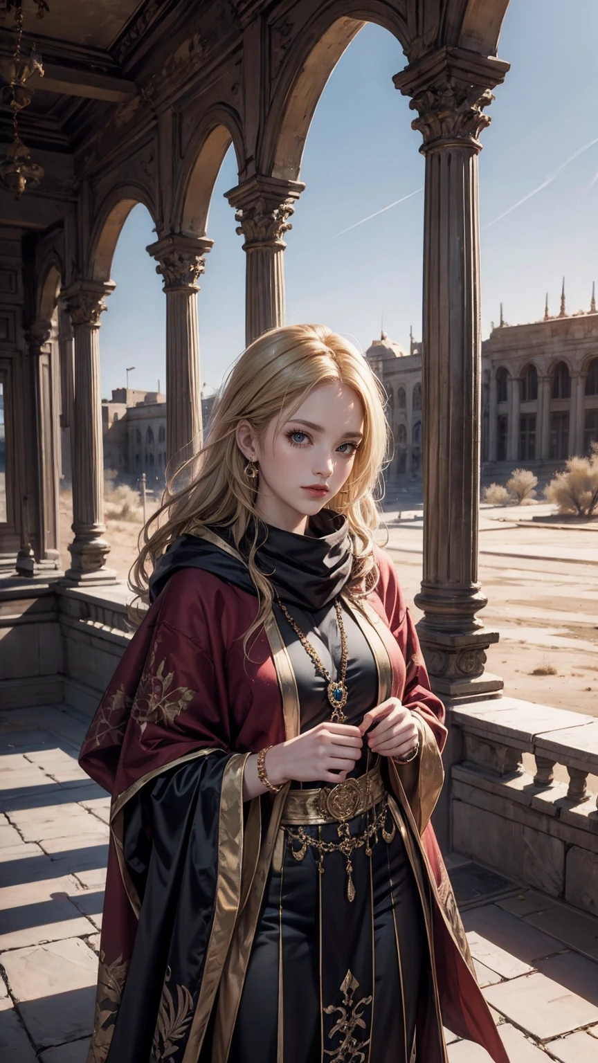 22-year-old Caucasian female、hair color is blonde、blue eyes、long hair、The ends of your hair are wavy、hair is set、accessories on wrist、Wearing a cloak that covers the whole body、wearing a hood、Wearing a scarf、covering the mouth with a muffler、Inside a ruin lined with columns in the desert、smile、hand on stone pillar