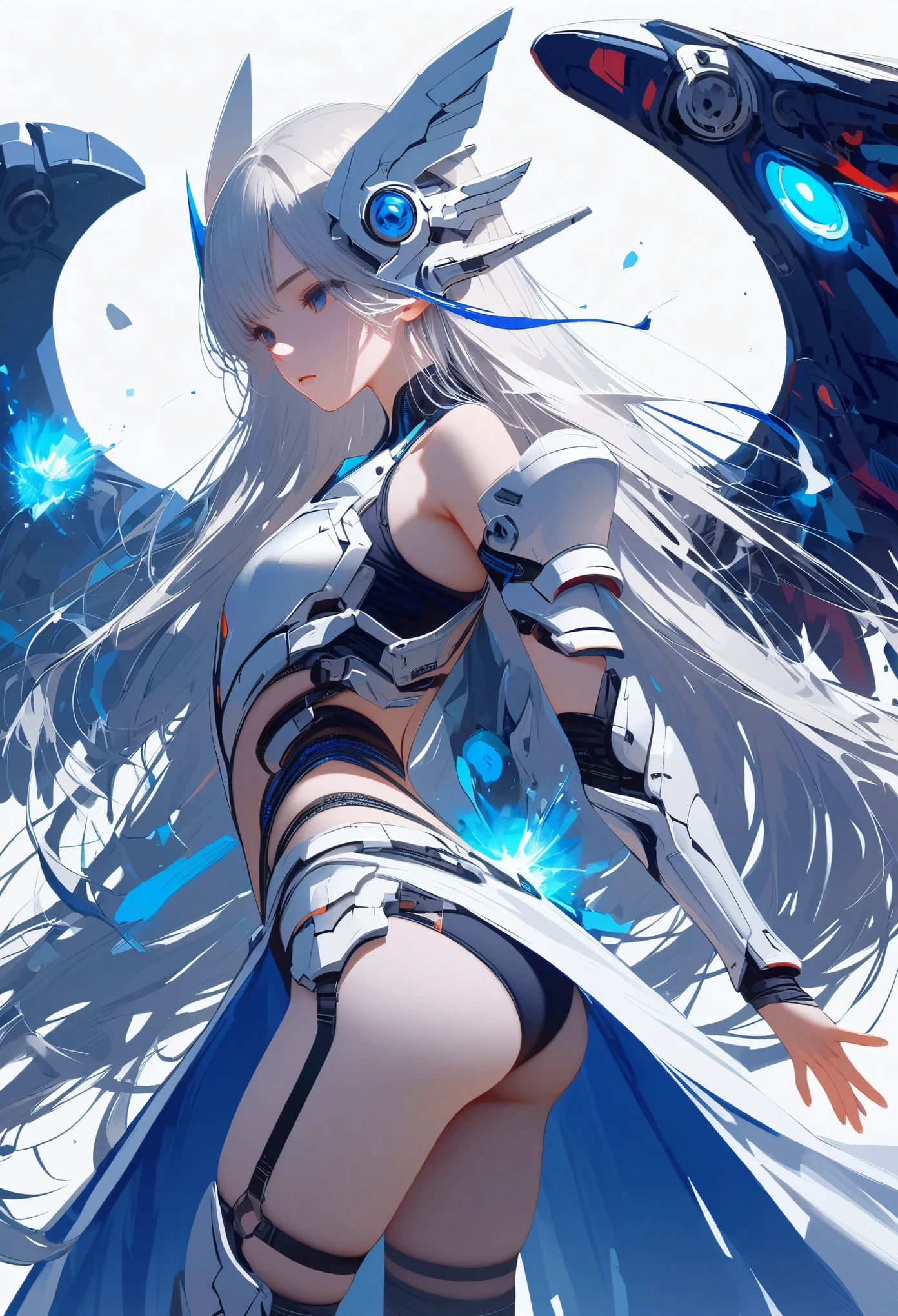 masterpiece, best quality, colorful, cowboy shooting, (pale skin:1.2), flat chest, Mecha, armor, girl,Mechanical_Body, High resolution, white hair, Very long hair, garlic, , alone, blue eyes, white coat, Soft fabric waist extension, blue energy, destroy, quantum energy, Mechanical wings