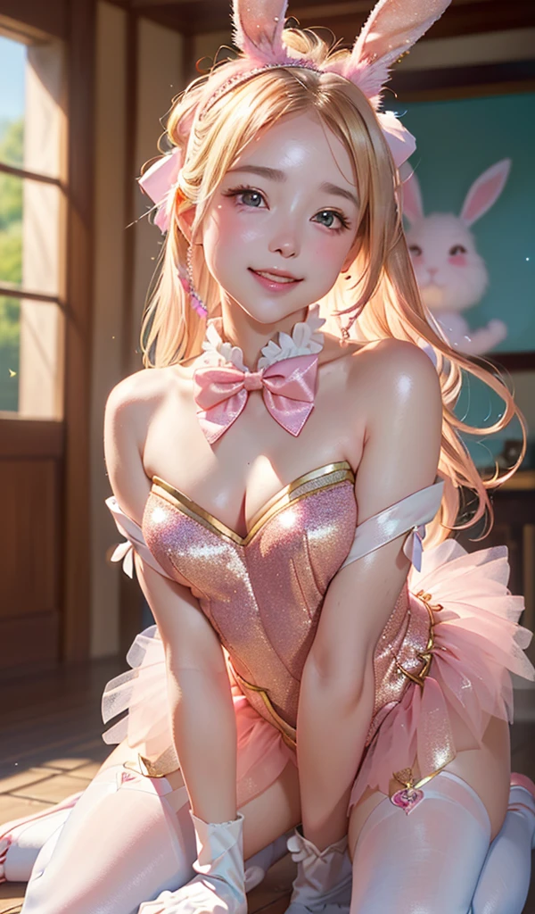 masterpiece, best quality, extremely detailed CG unity 8k wallpaper, (Upper Body head close-up shot of a beautiful little girl), Wendy, Elegant Long straight blonde hair, (Mckenna Grace), ((flat chest,thighs)), ((pink-Cyan)) golden ((Glittering tutu,long Bunny Ear Headgear, glove, Bow-tie, zettai ryouiki)), ((Kneel,,from below)), (Blush), oil skin, (seductive smile), (Wonderland), pretty face, key art, award winning, intricate detail realism hdr, by (ruan jia and artgerm and range murata), Photorealism, Hyperrealism, ultra realistic, dramatic light, intense shadows, gorgeous view, depth of field
 
