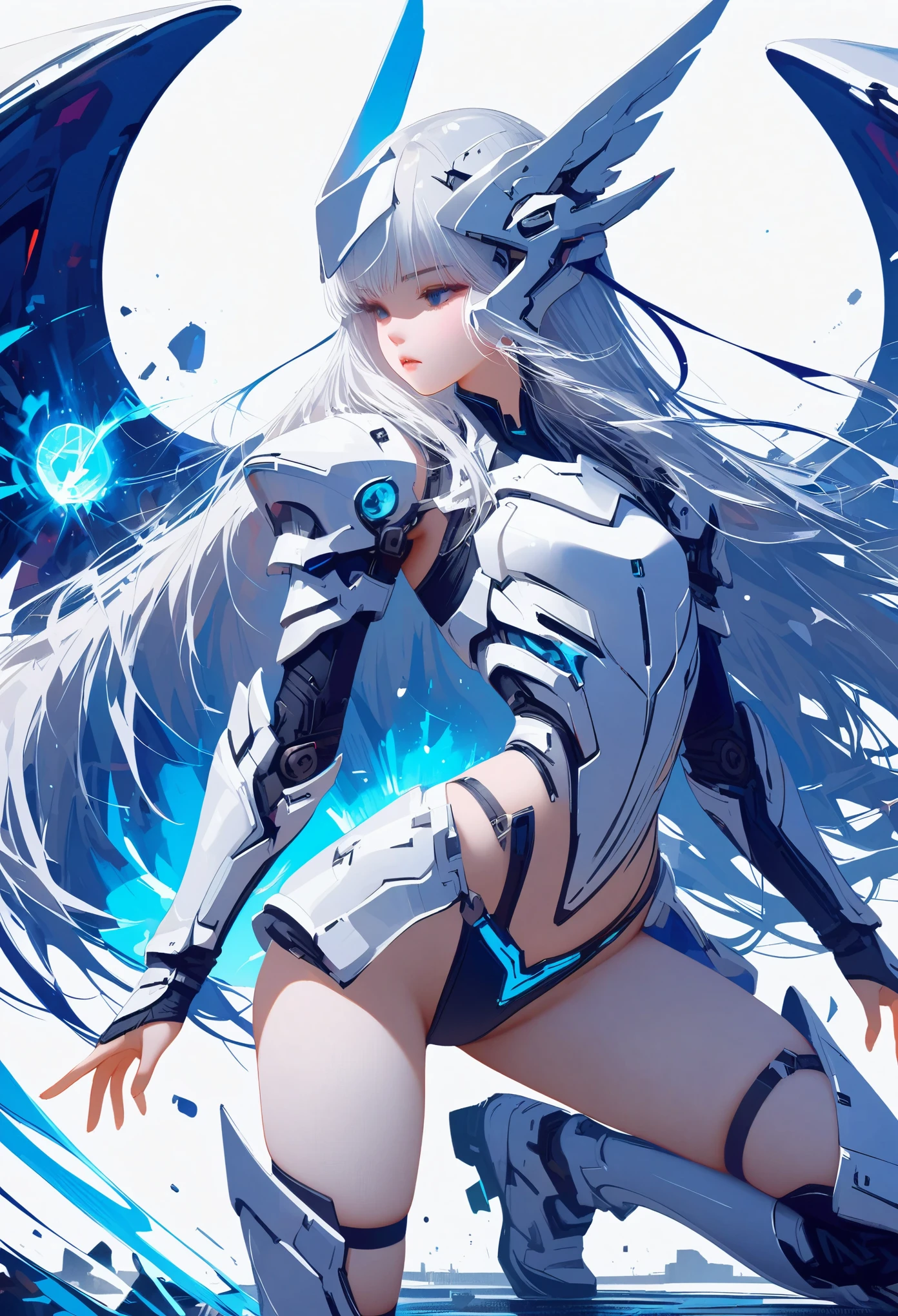 masterpiece, best quality, colorful, cowboy shooting, (pale skin:1.2), flat chest, Mecha, armor, girl,Mechanical_Body, High resolution, white hair, Very long hair, garlic, , alone, blue eyes, white coat, Soft fabric waist extension, blue energy, destroy, quantum energy, Mechanical wings