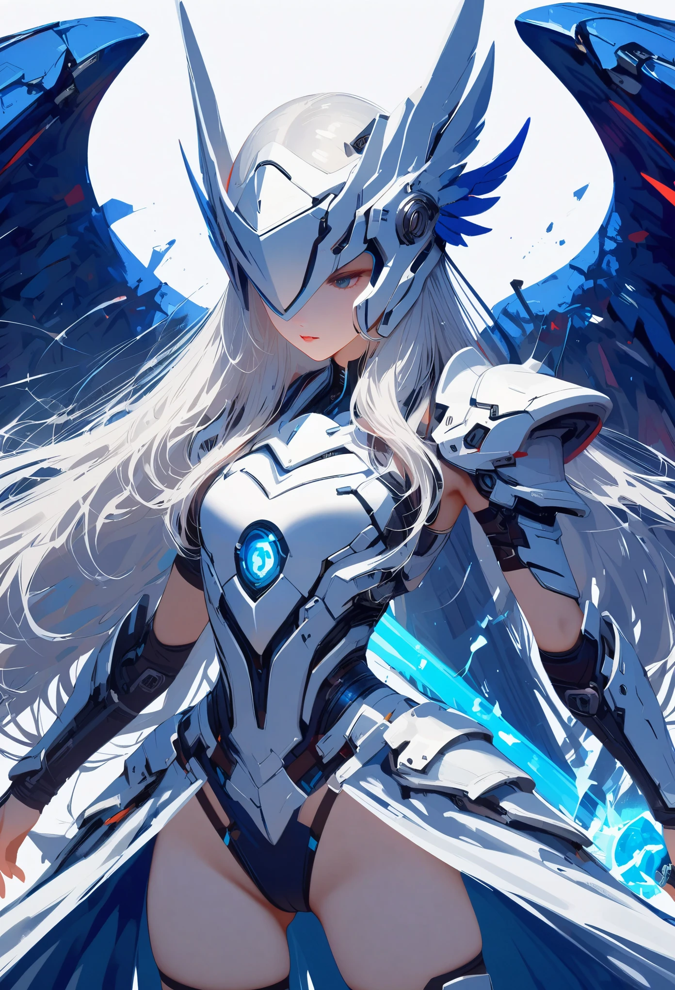 masterpiece, best quality, colorful, cowboy shooting, (pale skin:1.2), flat chest, Mecha, armor, girl,Mechanical_Body, High resolution, white hair, Very long hair, garlic, , alone, blue eyes, white coat, Soft fabric waist extension, blue energy, destroy, quantum energy, Mechanical wings