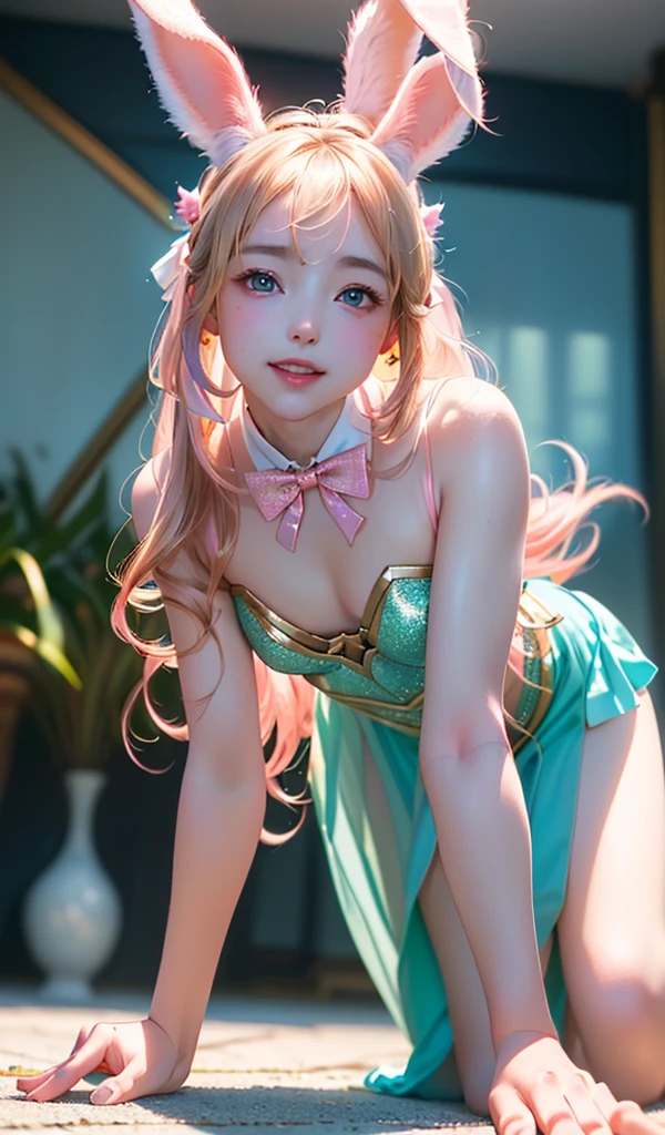 masterpiece, best quality, extremely detailed CG unity 8k wallpaper, (Upper Body head close-up shot of a beautiful little girl), Wendy, Elegant Long straight blonde hair, (Mckenna Grace), ((flat chest,thighs)), ((pink-Cyan)) golden ((Glittering armor,long Bunny Ear Headgear, , Bow-tie, )), ((Kneel,all fours,from below)), (Blush), oil skin, (seductive smile), (Wonderland), pretty face, key art, award winning, intricate detail realism hdr, by (ruan jia and artgerm and range murata), Photorealism, Hyperrealism, ultra realistic, dramatic light, intense shadows, gorgeous view, depth of field
 
