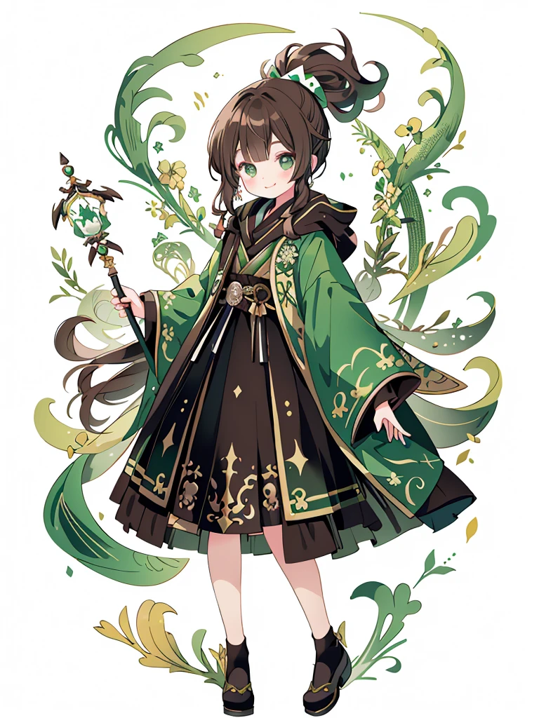 The art of math, masterpiece, 最high quality, super detailed, high quality, 4K, cute girl，Black wizard extra long robe，scarf，Brown ponytail，green eyes，Smile，Hold a magic wand in your hand，Harry Potter style，（whole body）