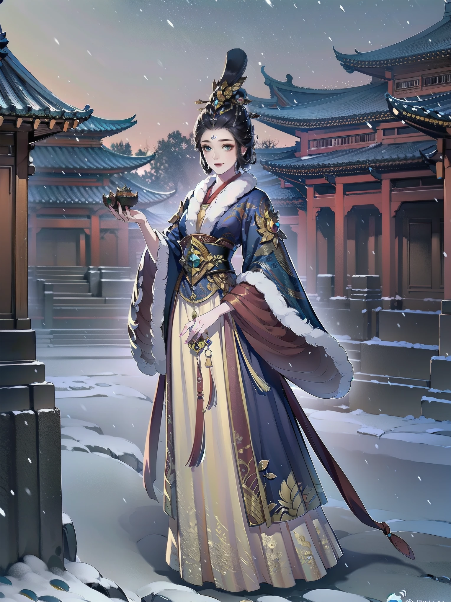 （masterpiece，super detailed，HD details，highly detailed art）1 girl standing in the snow，Stone road，winter，heavy snowfall，alone，Smile，palace，Highly detailed character designs from East Asia，Game character costume design，ultra high resolution, sharp focus, epic work, masterpiece, (Very detailed CG unified 8k wallpaper)，pretty face，beautiful eyes，HD details