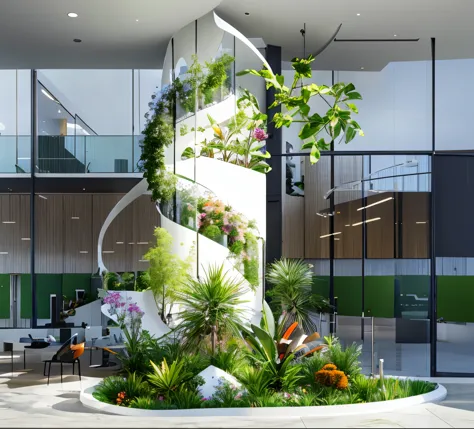 sof trickle showcase, greenery and flowers in the centre of the office building, modern style design, curved glass walls, white ...