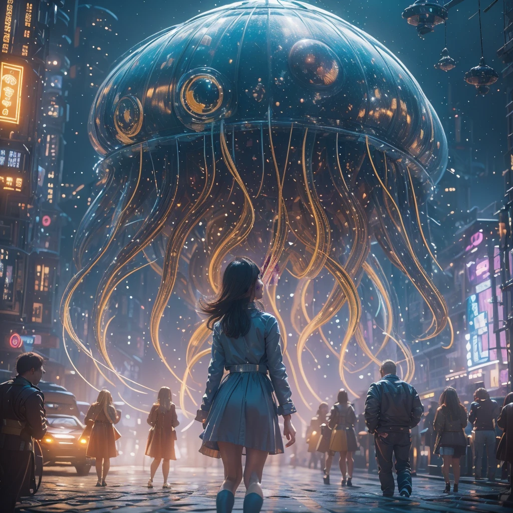 (highest quality、4k、8k、High resolution、master piece: 1.2)、Super detailed、(real、photorealistic、photorealistic: 1.37)、Destruction of a Great City、(A telekinetic woman stands in front of a giant jellyfish robot controlled by an invader.:1.37) 、(Women are young and beautiful、18-year-old、unparalleled beauty:1.5)、Insert mental barriers to resist robot attacks、vibrant cityscape、Bright colors、Shining skyscrapers、busy street、Futuristic architecture and technology、Advanced holographic display、Neon light splashes 、dramatic lighting、intense shadow、Awe-inspiring power that exudes from women、Determination in His Eyes、An elegant flowing gown、Dynamic action in the wind、Reach out and rush towards the robot.、A powerful energy emanates from the hands、Blue glowing aura、sparks of electricity、electricity crackling in the air、A vortex of energy surrounding a woman、A fascinating and surreal atmosphere、A sense of danger and impending destruction、Background chaos and destruction、Crumbling buildings、flying debris、Smoke and flames、 The contrast between beauty and destruction、The war between technology and the extraordinary power of young women,A jellyfish robot is destroyed by a telekinetic woman and falls apart