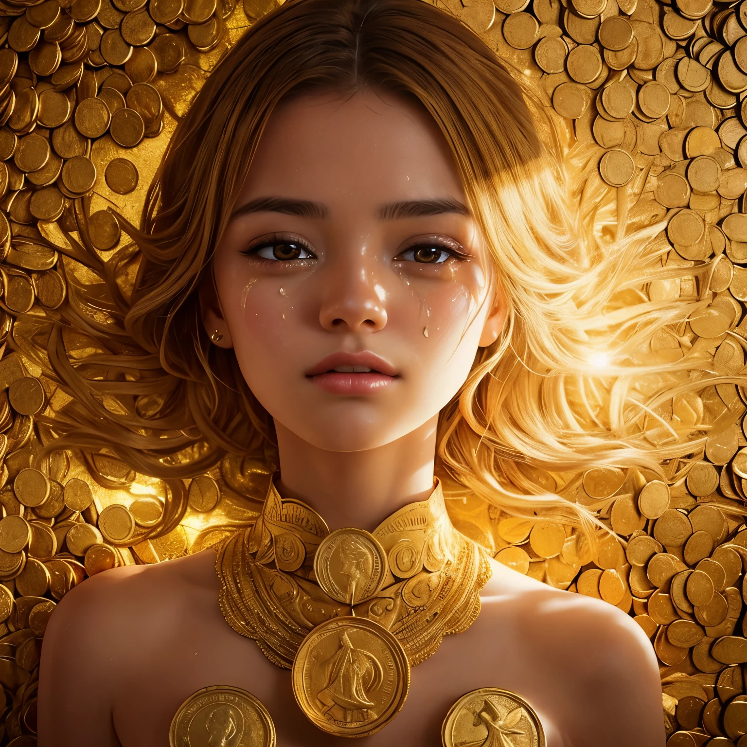 Art Photo, a photograph of a crying young woman plastered with dollar gold coins, overhead shot, dazzling sunlight, intricate, flashy, translucent, medium scene, grotesque art style, extremely creative, simple and mysterious, high quality, 8k