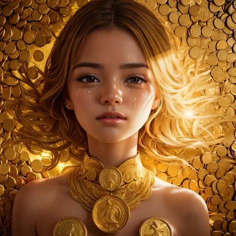 Art Photo, a photograph of a crying young woman plastered with dollar gold coins, overhead shot, dazzling sunlight, intricate, f...