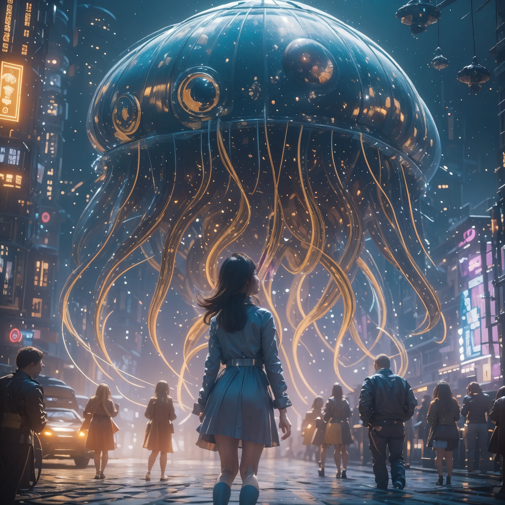 (highest quality、4k、8k、High resolution、master piece: 1.2)、Super detailed、(real、photorealistic、photorealistic: 1.37)、Destruction of a Great City、(A telekinetic woman stands in front of a giant jellyfish robot controlled by an invader.:1.37) 、(Women are young and beautiful、18-year-old、unparalleled beauty:1.5)、Insert mental barriers to resist robot attacks、vibrant cityscape、Bright colors、Shining skyscrapers、busy street、Futuristic architecture and technology、Advanced holographic display、Neon light splashes 、dramatic lighting、intense shadow、Awe-inspiring power that exudes from women、Determination in His Eyes、An elegant flowing gown、Dynamic action in the wind、Reach out and rush towards the robot.、A powerful energy emanates from the hands、Blue glowing aura、sparks of electricity、electricity crackling in the air、A vortex of energy surrounding a woman、A fascinating and surreal atmosphere、A sense of danger and impending destruction、Background chaos and destruction、Crumbling buildings、flying debris、Smoke and flames、 The contrast between beauty and destruction、The war between technology and the extraordinary power of young women,A jellyfish robot is destroyed by a telekinetic woman and falls apart