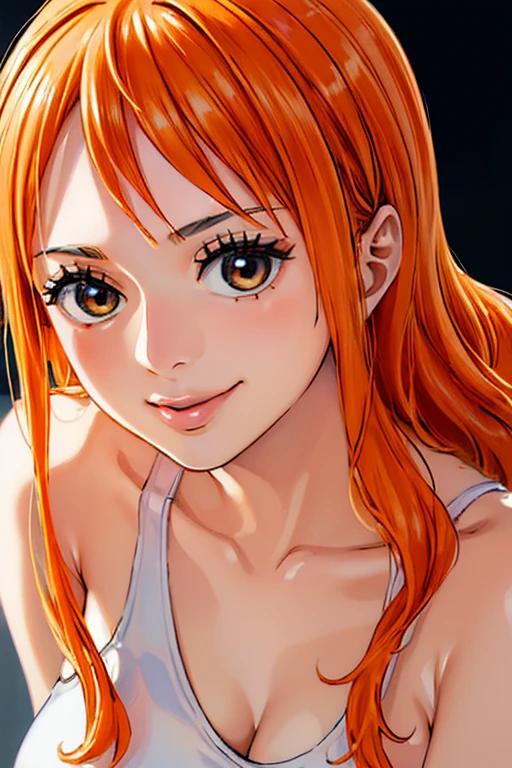 (((masterpiece))), (((best quality))), ((ultra-detailed)), (highly detailed CG illustration), Nami, (nsfw:1.2), (masterpiece:1.5), Detailed Photo, Smiling, Sexy, (Best Quality: 1.4), (1girl), Beautiful Face, (Orange Hair, long Hair: 1.3), Beautiful Hairstyle,  beautiful detail eyes, (realistic skin), beautiful skin, absurd, attractive, ultra high resolution, high definition, (sexually aroused:1.5), Pinkish white skin, cool white light, sexy pose, Beautiful , white background, pink soft white light, Wear a white tank top,