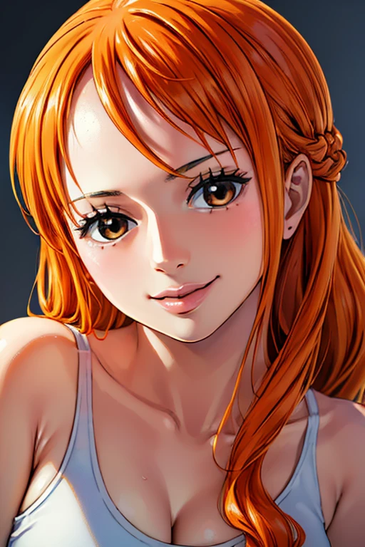 (((masterpiece))), (((best quality))), ((ultra-detailed)), (highly detailed CG illustration), Nami, (nsfw:1.2), (masterpiece:1.5), Detailed Photo, Smiling, Sexy, (Best Quality: 1.4), (1girl), Beautiful Face, (Orange Hair, long Hair: 1.3), Beautiful Hairstyle,  beautiful detail eyes, (realistic skin), beautiful skin, absurd, attractive, ultra high resolution, high definition, (sexually aroused:1.5), Pinkish white skin, cool white light, sexy pose, Beautiful , white background, pink soft white light, Wear a white tank top,