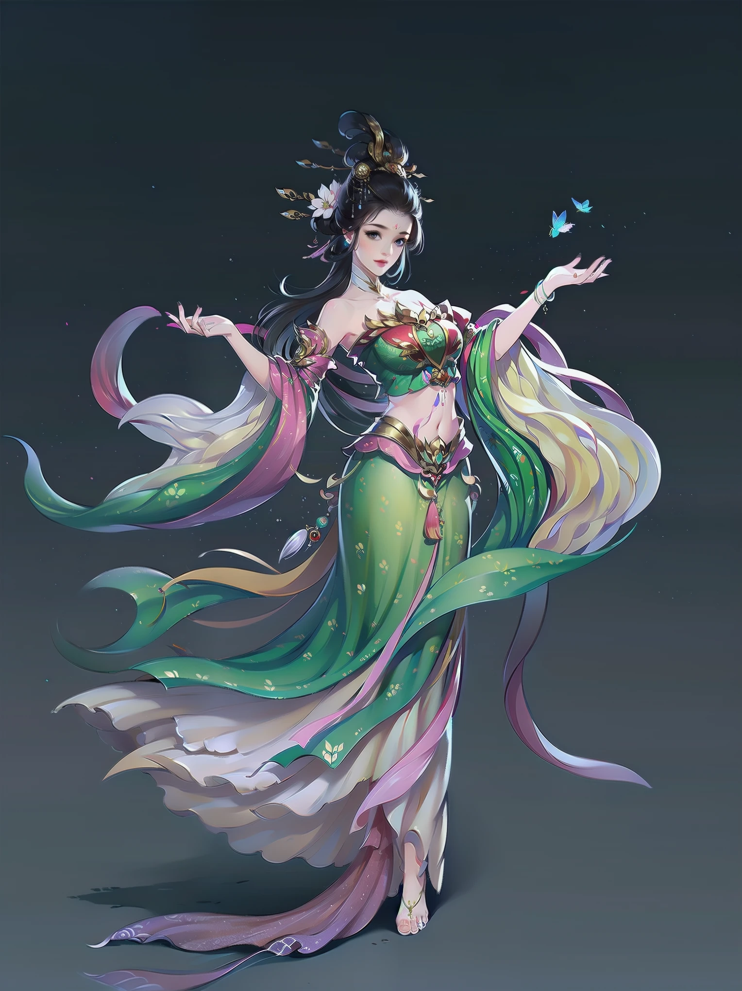 （masterpiece，super detailed，HD details，highly detailed art）1 girl，whole body，barefoot，Feitian，bare shoulders，Show belly，jewelry，xianxia，Gorgeous dance costumes，elegant，elegant，Highly detailed character designs from East Asia，Game character costume design，simple，ultra high resolution, sharp focus, epic work, masterpiece, (Very detailed CG unified 8k wallpaper)，pretty face，beautiful eyes，HD details
