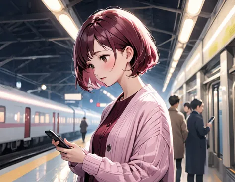 highest quality，masterpiece､High resolution，A woman looking at her smartphone on the station platform，Pale pink cardigan，maroon ...