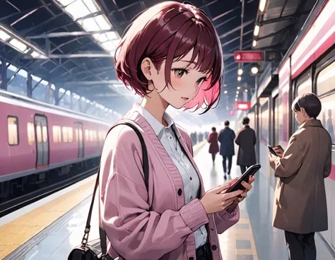 highest quality，masterpiece､High resolution，A woman looking at her smartphone on the station platform，Pale pink cardigan，maroon ...