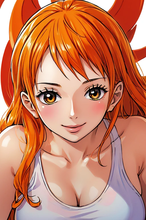 (((masterpiece))), (((best quality))), ((ultra-detailed)), (highly detailed CG illustration), Nami, (nsfw:1.2), (masterpiece:1.5), Detailed Photo, Smiling, Sexy, (Best Quality: 1.4), (1girl), Beautiful Face, (Orange Hair, long Hair: 1.3), Beautiful Hairstyle,  beautiful detail eyes, (realistic skin), beautiful skin, absurd, attractive, ultra high resolution, high definition, (sexually aroused:1.5), Pinkish white skin, cool white light, sexy pose, Beautiful , white background, pink soft white light, Wear a white tank top,