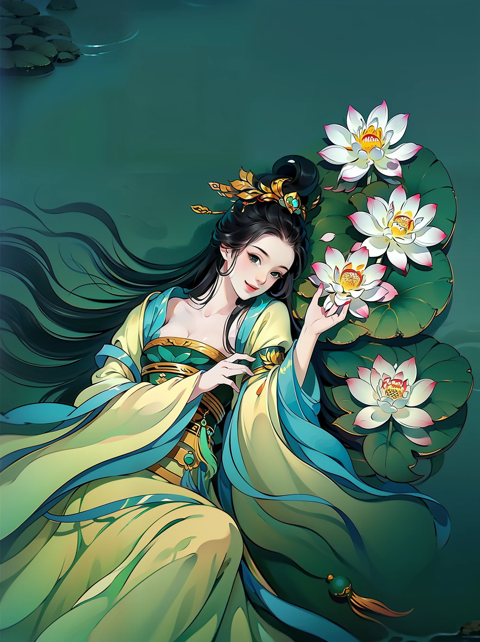 （masterpiece，super detailed，HD details，highly detailed art）1 girl lying in the water，alone，long hair，Smile，feet in water，barefoot，ink，Chinese painting，lotus, hanfu，Highly detailed character designs from East Asia，Game character costume design，ultra high resolution, sharp focus, epic work, masterpiece, (Very detailed CG unified 8k wallpaper)，pretty face，beautiful eyes，HD details