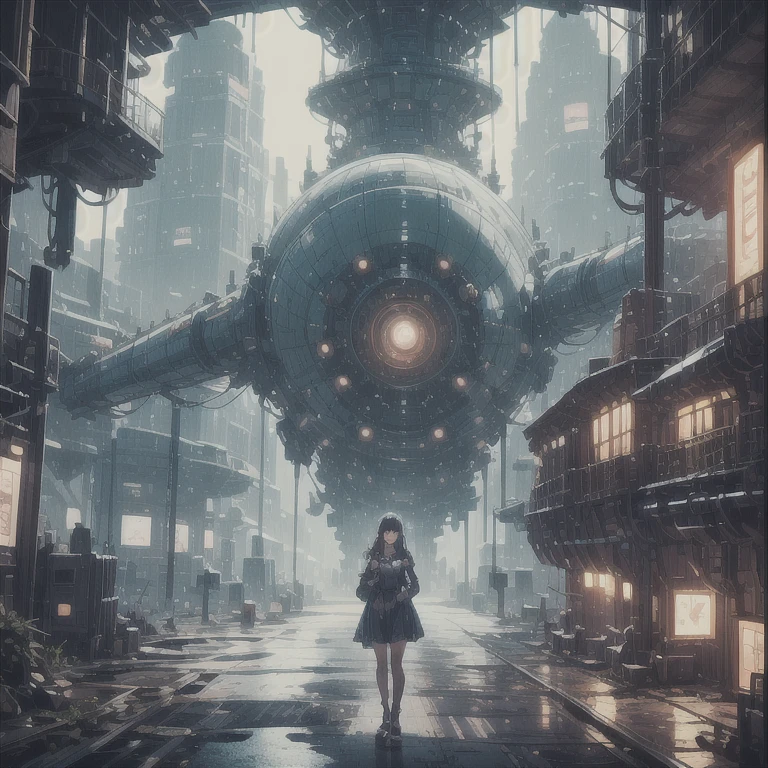 (highest quality、4k、8k、High resolution、master piece: 1.2)、Super detailed、(real、photorealistic、photorealistic: 1.37)、Destruction of a Great City、(A telekinetic woman stands in front of a giant jellyfish robot controlled by an invader.:1.37) 、(Women are young and beautiful、1、unparalleled beauty:1.5)、Insert mental barriers to resist robot attacks、vibrant cityscape、Bright colors、Shining skyscrapers、busy street、Futuristic architecture and technology、Advanced holographic display、Neon light splashes 、dramatic lighting、intense shadow、Awe-inspiring power that exudes from women、Determination in His Eyes、An elegant flowing gown、Dynamic action in the wind、Reach out and rush towards the robot.、A powerful energy emanates from the hands、Blue glowing aura、sparks of electricity、electricity crackling in the air、A vortex of energy surrounding a woman、A fascinating and surreal atmosphere、A sense of danger and impending destruction、Background chaos and destruction、Crumbling buildings、flying debris、Smoke and flames、 The contrast between beauty and destruction、The war between technology and the extraordinary power of young women,A jellyfish robot is destroyed by a telekinetic woman and falls apart