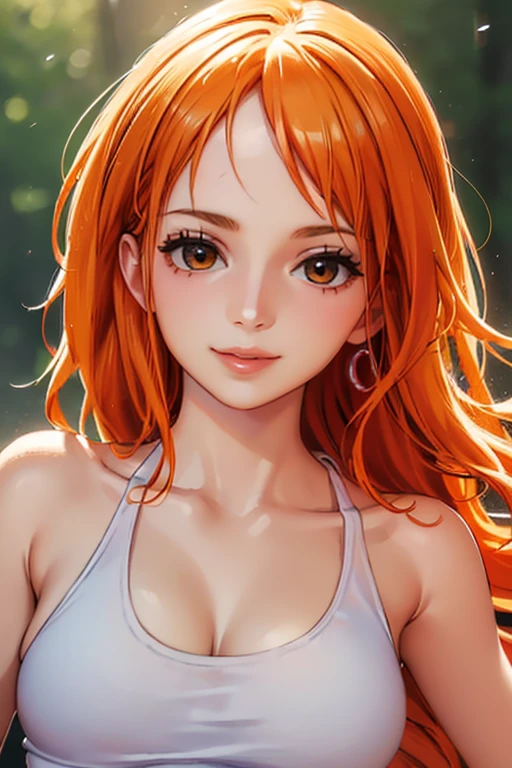 (((masterpiece))), (((best quality))), ((ultra-detailed)), (highly detailed CG illustration), Nami, (nsfw:1.2), (masterpiece:1.5), Detailed Photo, Smiling, Sexy, (Best Quality: 1.4), (1girl), Beautiful Face, (Orange Hair, long Hair: 1.3), Beautiful Hairstyle,  beautiful detail eyes, (realistic skin), beautiful skin, absurd, attractive, ultra high resolution, high definition, (sexually aroused:1.5), Pinkish white skin, cool white light, sexy pose, Beautiful , white background, pink soft white light, Wear a white tank top,