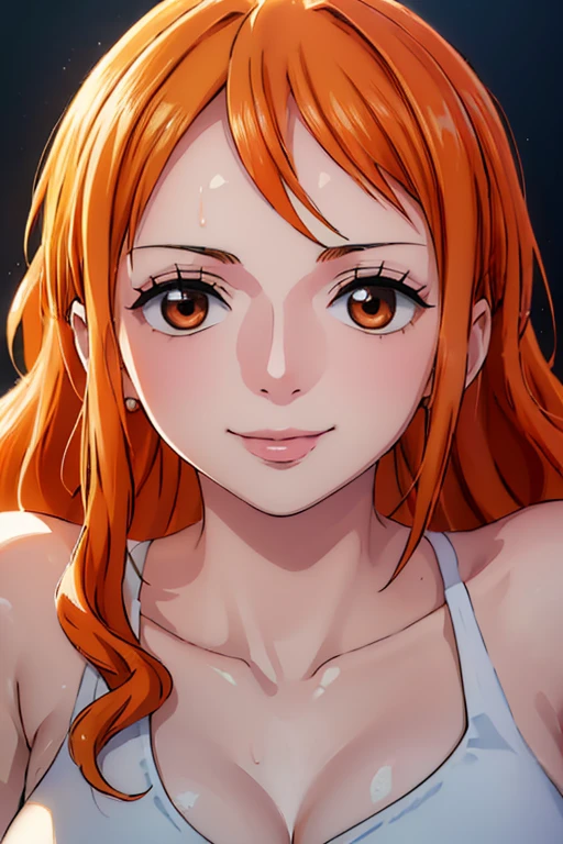 (((masterpiece))), (((best quality))), ((ultra-detailed)), (highly detailed CG illustration), Nami, (nsfw:1.2), (masterpiece:1.5), Detailed Photo, Smiling, Sexy, (Best Quality: 1.4), (1girl), Beautiful Face, (Orange Hair, long Hair: 1.3), Beautiful Hairstyle,  beautiful detail eyes, (realistic skin), beautiful skin, absurd, attractive, ultra high resolution, high definition, (sexually aroused:1.5), Pinkish white skin, cool white light, sexy pose, Beautiful , white background, pink soft white light, Wear a white tank top,