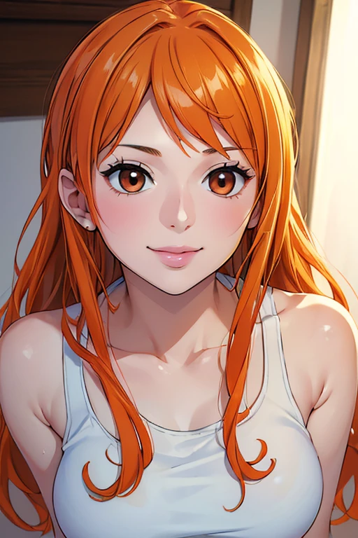 (((masterpiece))), (((best quality))), ((ultra-detailed)), (highly detailed CG illustration), Nami, (nsfw:1.2), (masterpiece:1.5), Detailed Photo, Smiling, Sexy, (Best Quality: 1.4), (1girl), Beautiful Face, (Orange Hair, long Hair: 1.3), Beautiful Hairstyle,  beautiful detail eyes, (realistic skin), beautiful skin, absurd, attractive, ultra high resolution, high definition, (sexually aroused:1.5), Pinkish white skin, cool white light, sexy pose, Beautiful , white background, pink soft white light, Wear a white tank top,