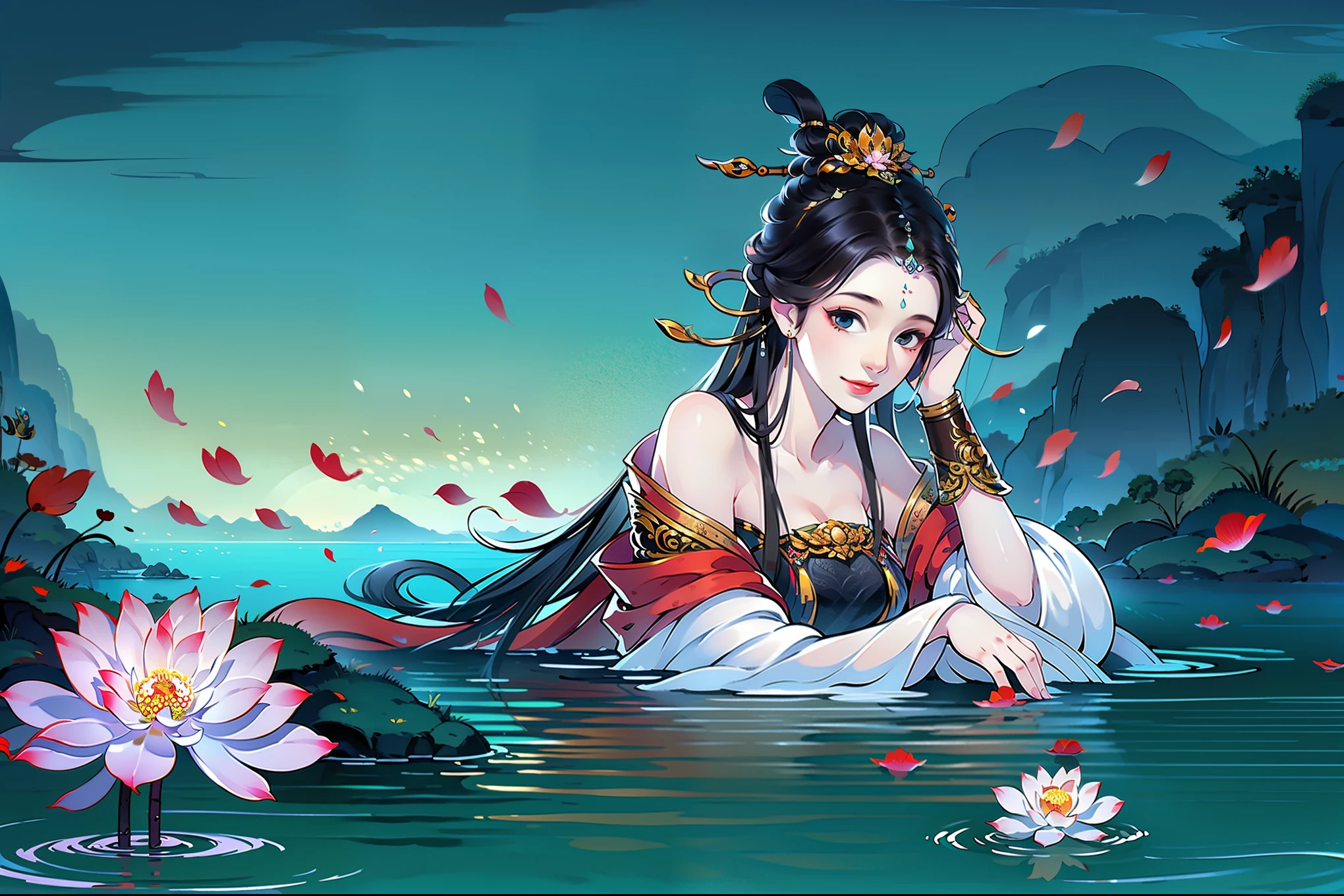 （masterpiece，super detailed，HD details，highly detailed art）1 girl lying in the water，foggy，Close-up foggy，alone，long hair，Smile，hot spring water，water vapor，bare shoulders, petal，clear water，hanfu，Ripples in the water，Highly detailed character designs from East Asia，Game character costume design，ultra high resolution, sharp focus, epic work, masterpiece, (Very detailed CG unified 8k wallpaper)，pretty face，beautiful eyes，HD details