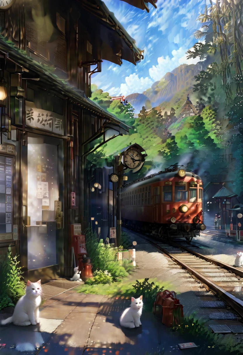 (8K、Raw photo、highest quality、look up:1.2、masterpiece:1.2、genuineistic、ultra high resolution、high contrast、photon mapping、genuine、Super detailed、official art, Raw photo、professional lighting、 light、Vivid atmosphere、twicelight) This scene is、It depicts an old wooden train station in the countryside exposed to the morning sun in spring.。The station building seems to have been forgotten, giving a sense of nostalgia.、There is silence and calm。 On the station platform、There is a girl and a white kitten。The white kitten sits under the door with the clock、Watching over the station premises。This scene is、Reminiscent of a rural Japanese town、The atmosphere is tranquil, as if it were located near a Japanese shrine.。 The girl&#39;s expression is young.々work、Delicate、I am embarking on a new journey amidst a station building and scenery that remind me of nostalgic memories.。A white kitten watches over the premises like a stationmaster.、It seems like they are celebrating the girl&#39;s departure to a new stage.。 This scene is、The beautiful scenery and tranquil atmosphere of the Japanese countryside are combined.、It will give the viewer a sense of comfort and warmth.