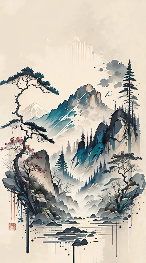 (masterpiece, best quality: 1.2), (No_Humanity), mountains in the distance, Chinese traditional ink painting, houses, tombstone,...