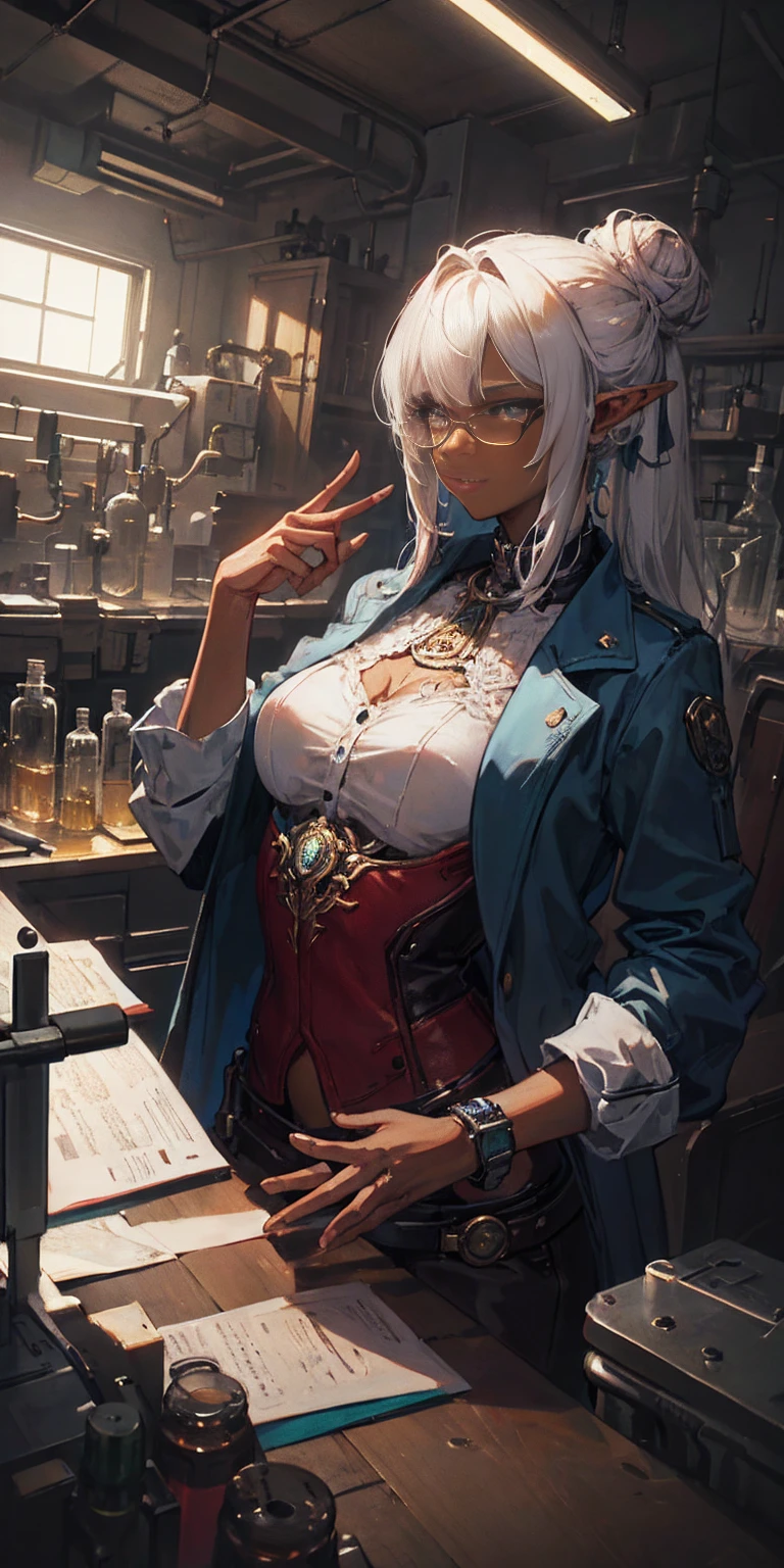 ((masterpiece )), (top quality), (best quality), ((ultra-detailed, 8k quality)), Aesthetics, Cinematic lighting, (detailed line art), Beautiful digital artwork, Exquisite digital illustration, absurdres, (best composition),
BREAK,
a female dark elf who is a scientist, (scientist clothes:1.2), (jacket lab, Coat:1.2), glasses, (steampunk style:1.1), (holding of shimmering blue sea crystals), (background of scientific laboratory,  laboratory, filled with tubes, bottles, and equipment), SteamPunkAI, CogPunkAI, cell shading, cinematic dramatic atmosphere, high quality cell shaded illustration in Fantasy steampunk style by Yoji Shinkawa, detailed and intricate environment, artstation, concept art, fluid and sharp focus, dynamic angle, by ((Mikimoto Haruhiko)),
BREAK,
highly detailed of (dark elf), (1girl), perfect face, details eye, parted, sidelock, hairbun,blonde white hair, violet eyes, eyelashes, eyeshadow, pink eyeshadow,  smile, design art by Mikimoto Haruhiko, by Kawacy, By Yoshitaka Amano,
BREAK, 
((perfect anatomy)), nice body, medium breast, (extremely detailed finger), best hands, perfect face, beautiful face, beautiful eyes, perfect eyes, (perfect fingers), correct anatomy, (Dark skin:1.2)