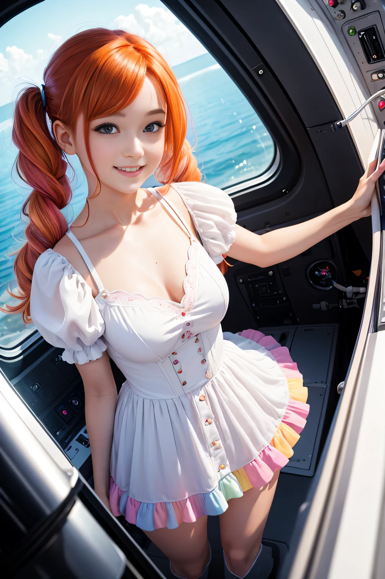 (overhead view) Cute redhead with rainbow colored hair tips, ribbons in her hair, 18-year-old woman, happy, smiling, in twin tails, perfect eyes, clear sparkling blue eyes, pale skin, silky smooth skin, flying a fancy metal luxurious space ship, futuristic cockpit, she's a pilot, outer space seen in windows, dark warm lighting, wearing a futuristic dress, pleated (chemise) mini dress (pastel rainbow colors, and polka dots), puffy sleeves, silk, pantyhose, cute short cut booties, boots.