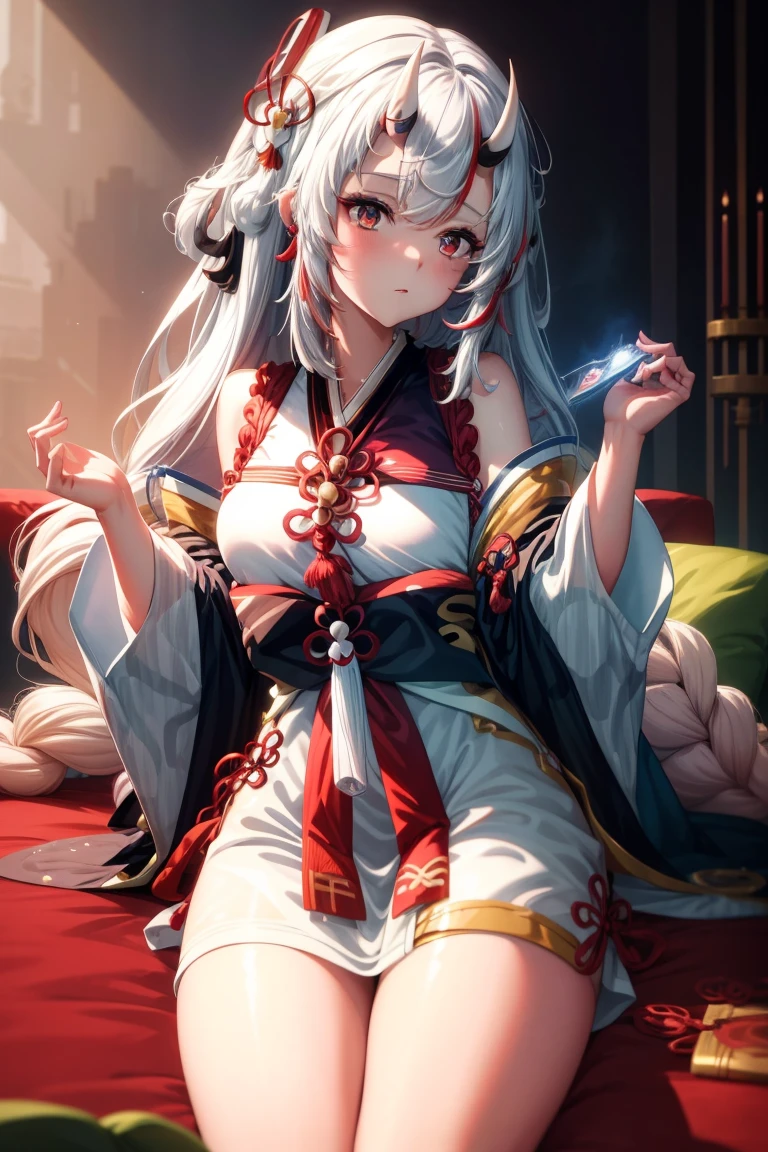 Anime-Mädchen sitzt auf Stuhl im weißen Kleid, süße Anime-Waifu in einem schönen Kleid, azur lane style, Guweiz in Pixiv ArtStation, Trends auf Artstation Pixiv, Guweiz on ArtStation Pixiv, Anime-Göttin, onmyoji, Trends auf cgstation, Stil von Anime4 K, Guviz, perfekter Körper, perfekte Brust,((beste Qualität, 8k, Meisterwerk :1.3)), scharfer Fokus :1.2, perfekte Körperschönheit: 1.4, anstößiges Gesicht und Kondome halten,Hand zwischen den Beinen,