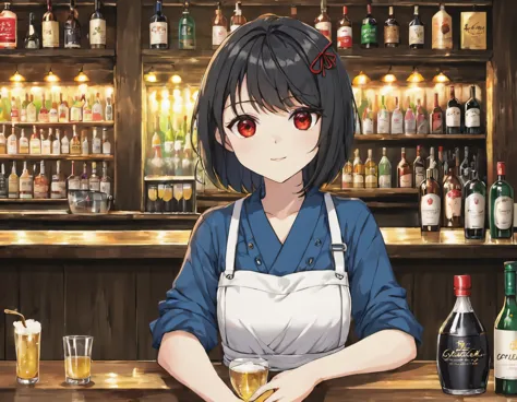 bar clerk clothes#woman#background bar#black hair#red eye#short#cool appearance#making sake#bar clerk