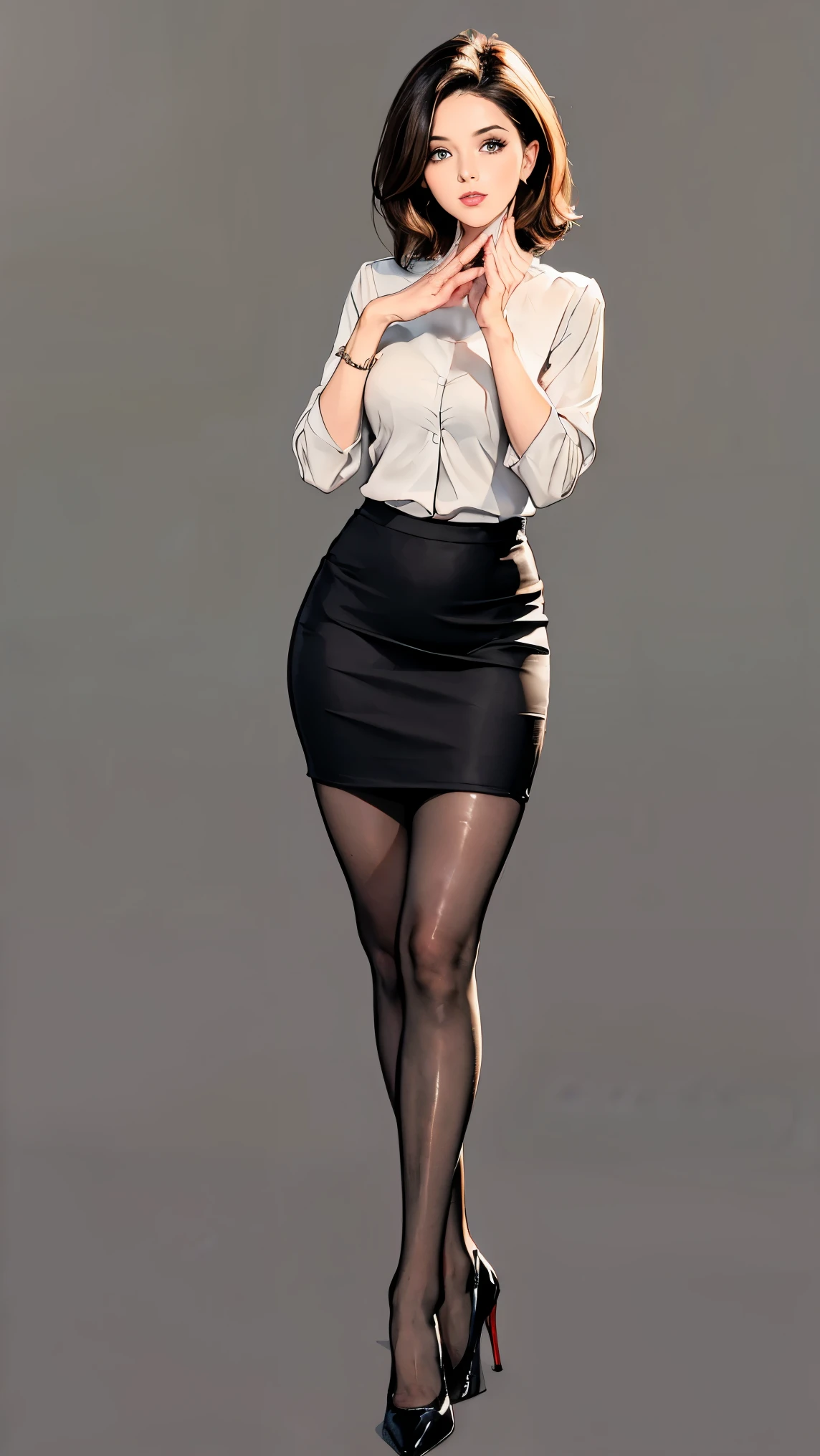 ((best quality,4k,highres,masterpiece:1.2)),((character concept art)), 1 female, 33-year-old university teacher, ((elegant, ethereal beauty, busty)), brunette hair, (fair skin colour), ultra finely detailed eyes (hazel eyes colour), hot, intelligent, educational enthusiast, slim body build, ((intricate detail)), super finely detailed hands, ultra finely detailed fingers(((ten fingers))), wearing outfit:((form-fitting blouse, very short pencil skirt, high heels, black stockings)), (standing professionally), (full body showcase), (show full body), (no logos on background), (no logo), ((plain background)), ((plain background)), (((empty background)))