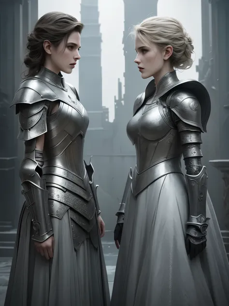 There are two women in armor standing side by side, highly detailed surreal vfx, Inspired by Peter Lindbergh, Desaturated and mu...