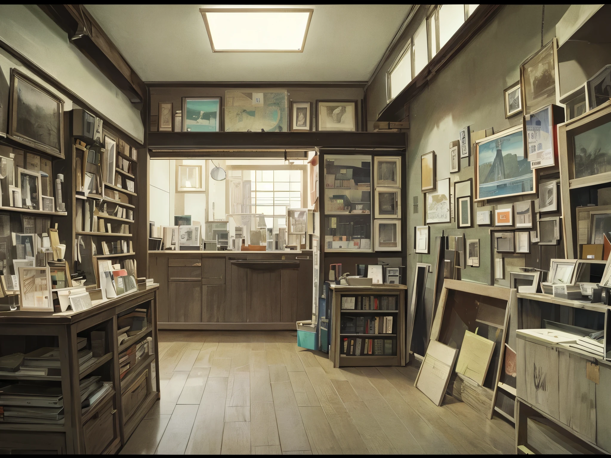 Old photo studio from the 1970s, A counter piled with books, There are many framed photographs hanging on the walls, sells photographic film, background only