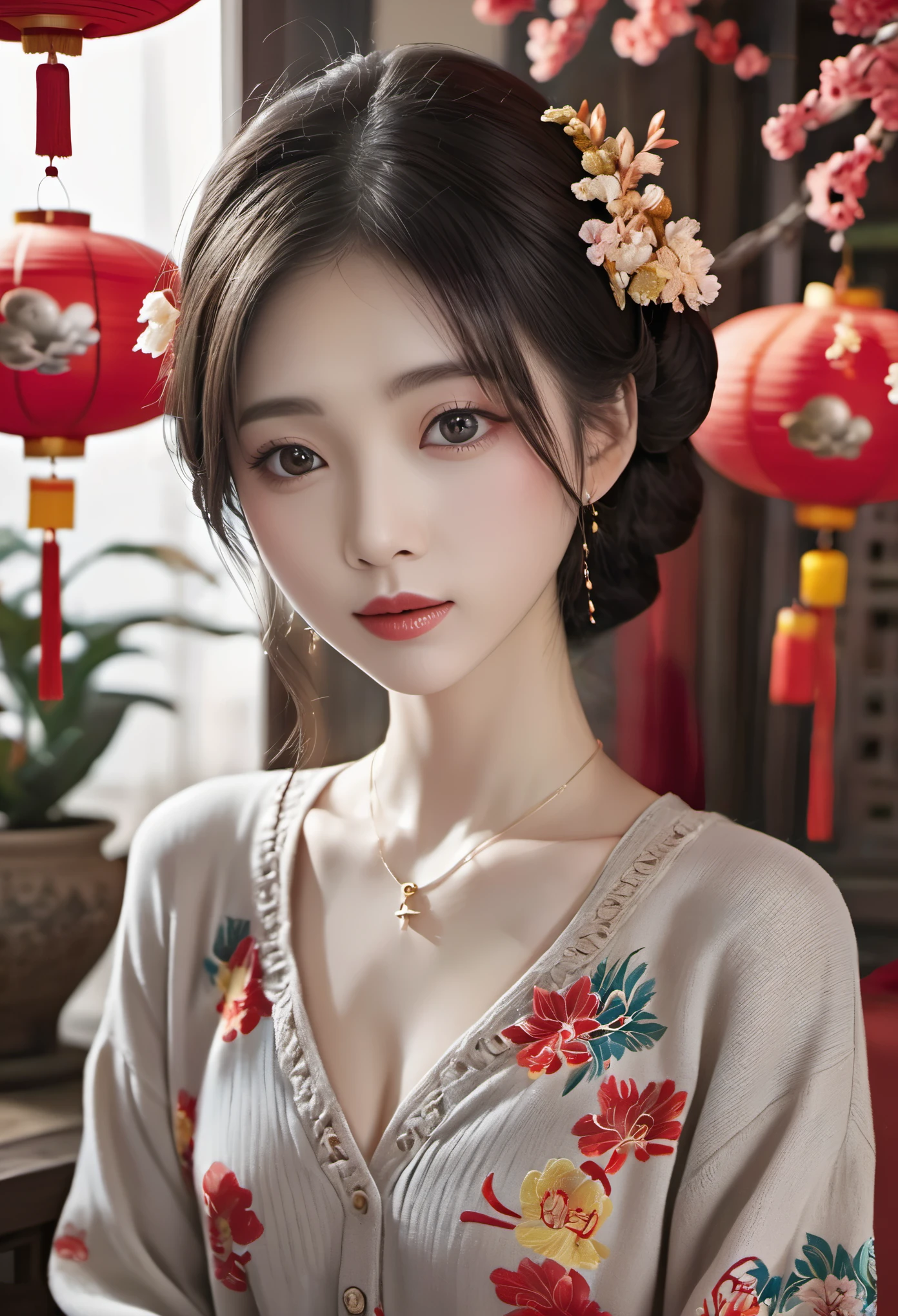 Eyes are very delicate，Exquisite hair color，（（（hair accessories）））,necklace,Put on a sweater,,skinny jeans,The room is filled with Chinese New Year decorations.（（（masterpiece）））, （（best quality））,（（Intricate details））,（（surreal））（8K）
