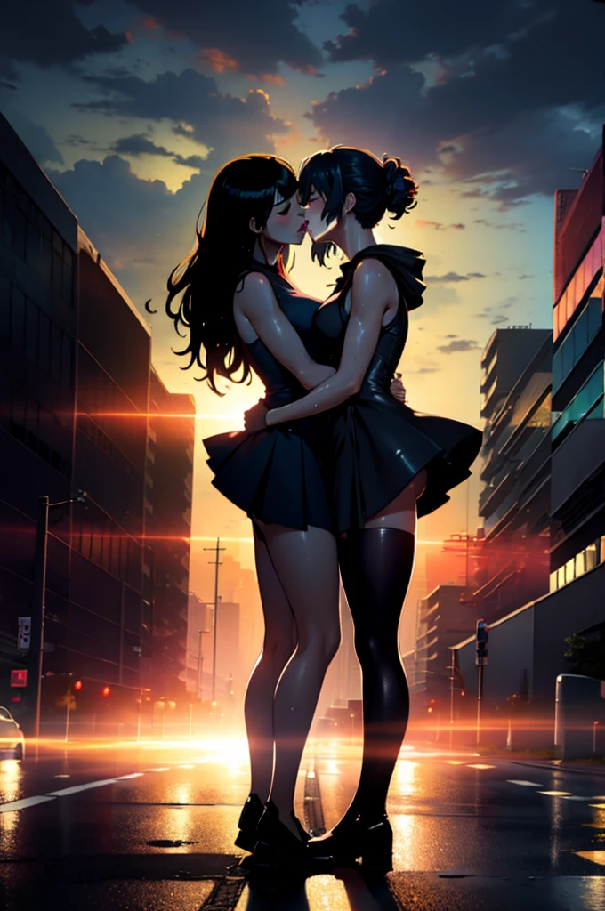 (masterpiece:1.4),(volumetric lighting:1.3), (2girls, yuri), tongue kiss, short tight  dress,sleeveless, outdoors, cityscape,road, heavy rain,storm, dusk,dawn, twilight,sunset, full body, soaking wet, sensual body, closed eyes, (silhouette:1.2), wet ground,