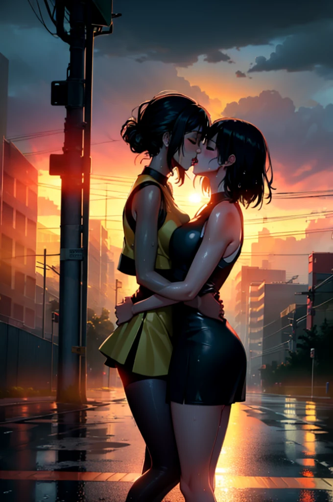 (masterpiece:1.4),(volumetric lighting:1.3), (2girls, yuri), tongue kiss, short tight  dress,sleeveless, outdoors, cityscape,road, heavy rain,storm, dusk,dawn, twilight,sunset, full body, soaking wet, sensual body, closed eyes, (silhouette:1.2), wet ground,