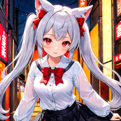 A neko woman with grey hair in a virtual YouTuber style is the centerpiece of this artwork. Her hairstyle features long hair wit...