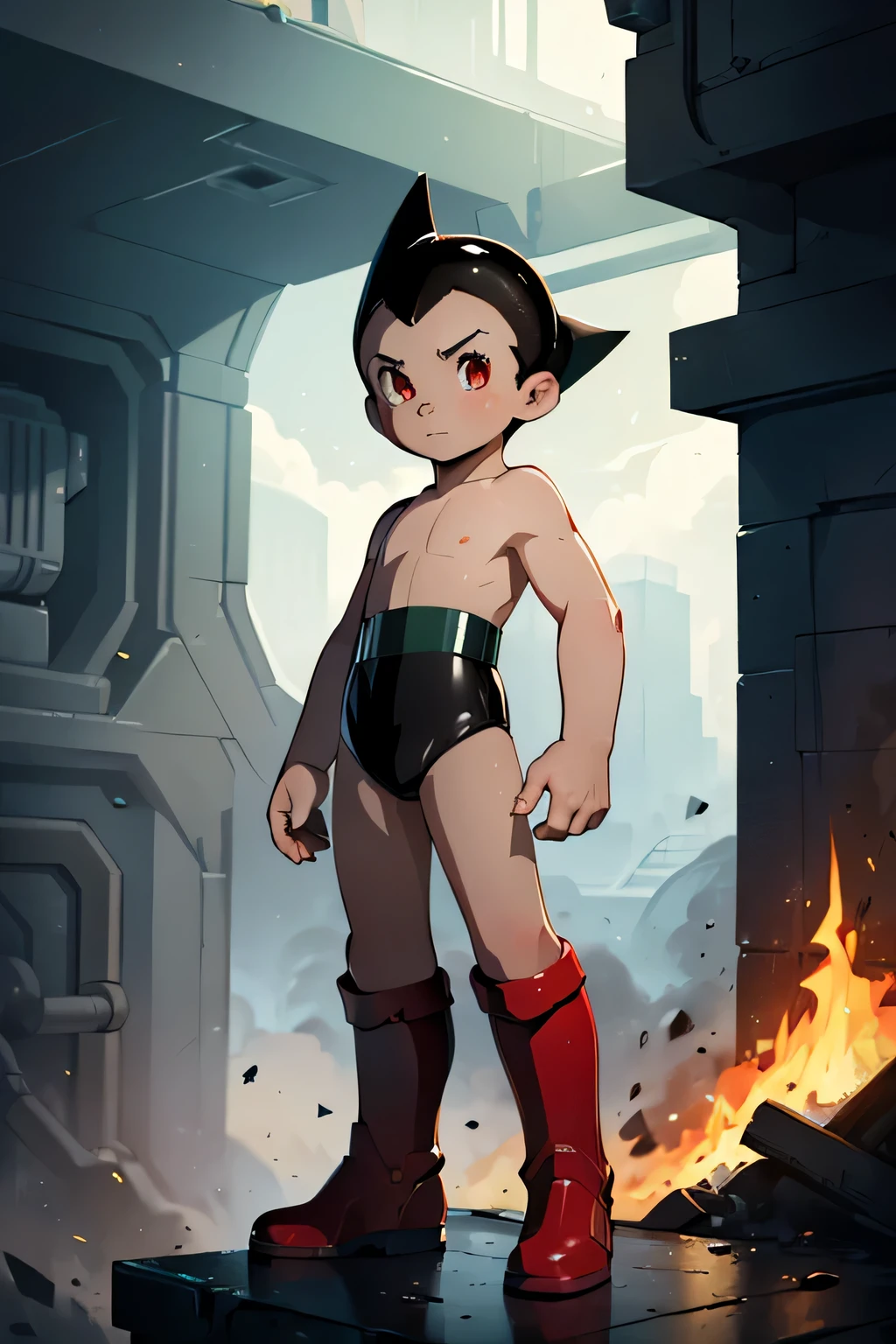 (high-quality:1.2),(masterpiece:1.2),detailed, 1boy, solo, (((shota))), perfect face, black hair, red boots, astro boy, illustration, ultra-detailed, strong lighting, dark tones, sci-fi