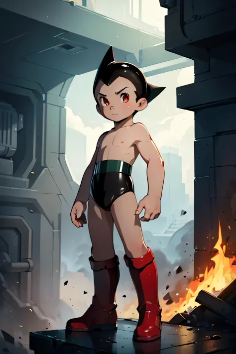 (high-quality:1.2),(masterpiece:1.2),detailed, 1boy, solo, (((shota))), perfect face, black hair, red boots, astro boy, illustra...