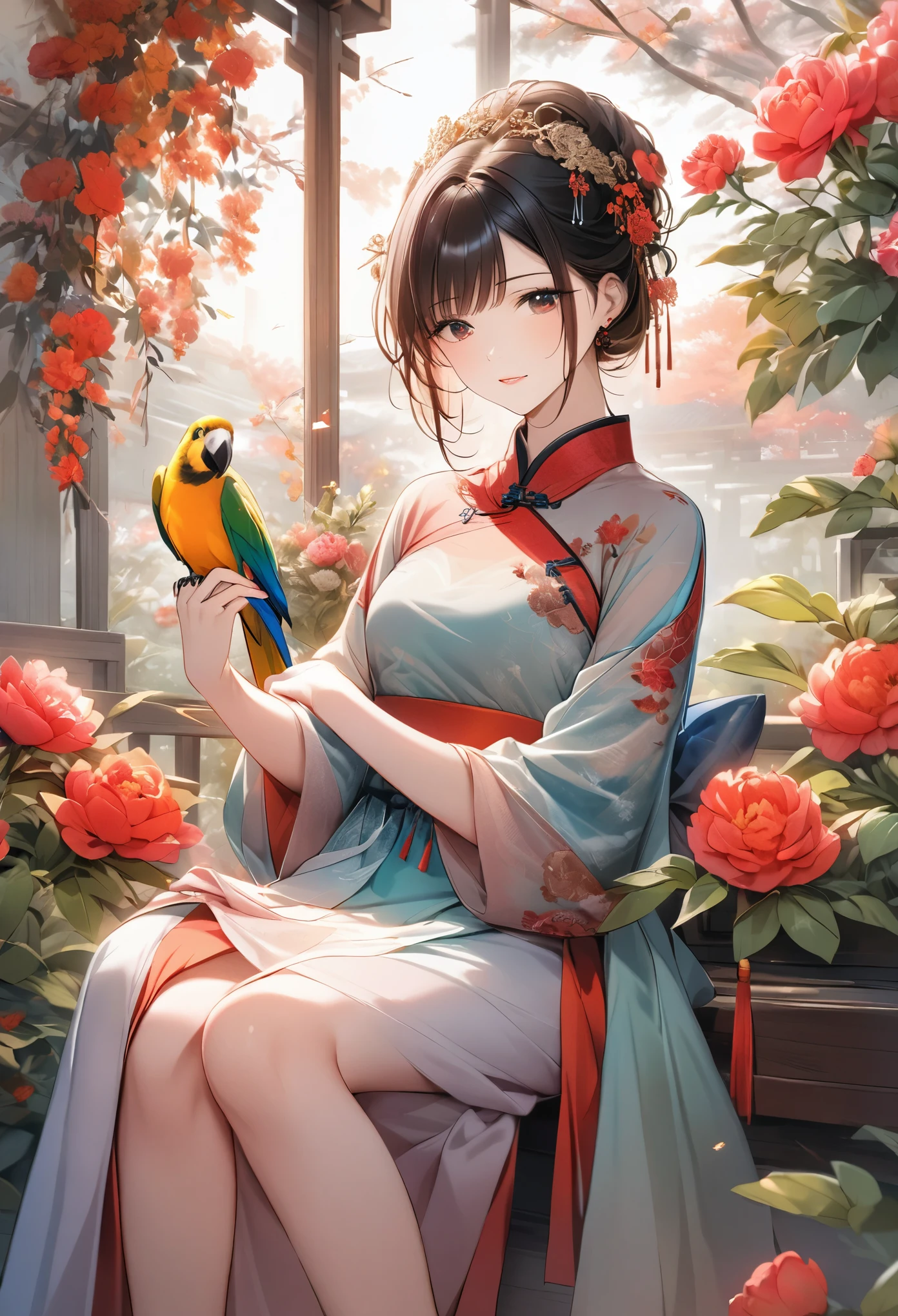 A beautiful young woman in traditional Chinese attire, surrounded by a lush garden. She is holding a parrot on her finger, gazing at it with gentle eyes. The woman's hair is styled in an elaborate updo adorned with flowers and traditional ornaments. Her dress is elegant, featuring fine silk with floral embroidery. The garden is in full bloom, with peonies and other flowers providing a backdrop. The scene captures the serenity and beauty of classical Chinese art, with a touch of nature harmony, (((Ultra-high saturation, high natural saturation, extremely bright colors)))